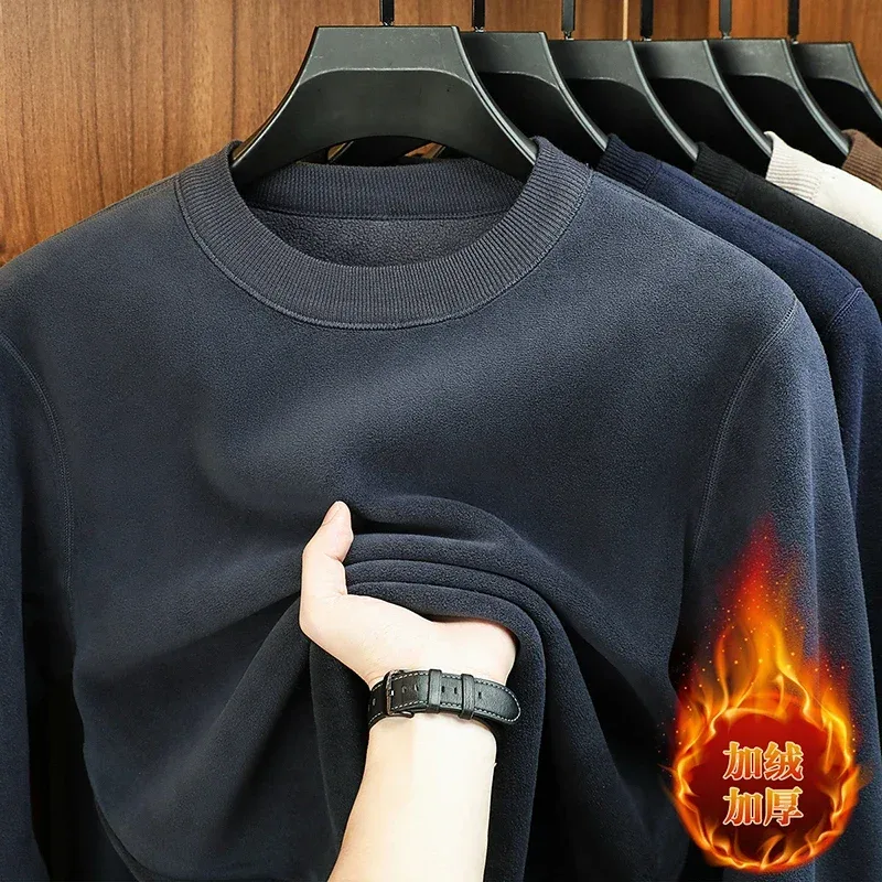 Moletom Com Capuz De Veludo Masculino Outono E Inverno Manga Comprida Pescoço Redondo Cor Sólida Moda Casual Versátil Top — image 9