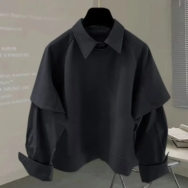 Camisa de manga comprida emendada de duas peças para outono inverno novo moletom masculino estilo coreano na moda solta versátil topo — image 4