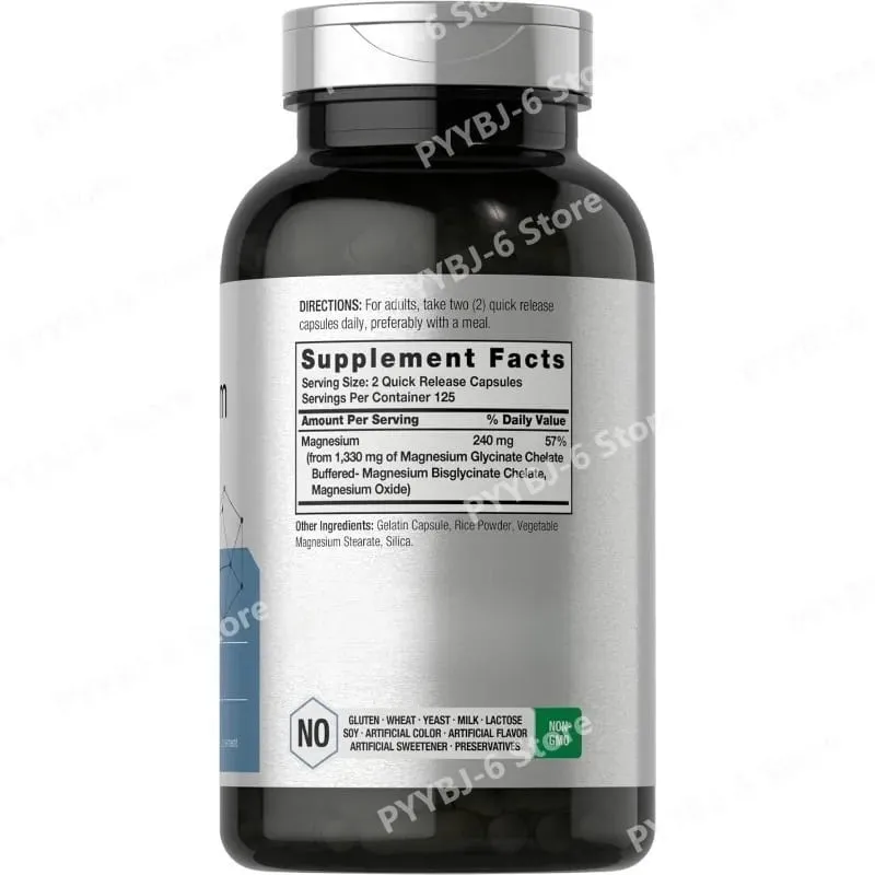 Magnézium-glicinát 1330mg (elemi magnézium) 250 kapszula kelát pufferolt ásványi anyagok, nem GMO, gluténmentes étrend-kiegészítő