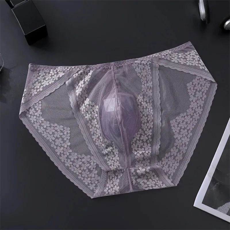 Men Ice Silk Lace Underwear 3D Convex Bag Plus Size Sexy Lingerie Calzoncillos Hombre Tangas Breathable Male Sleepwear — image 4