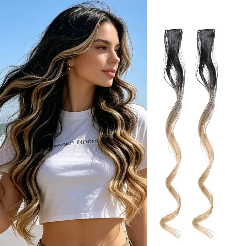 Gradient Wave Clip - in Hair Extensions 2 τμχ Χρώμα συνθετικών ινών - Blocked Tassel Ear - Side Dyeing for Daily Party Cosplay — image 12