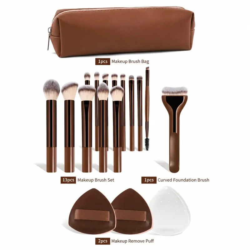 17 τμχ Σετ πινέλου μακιγιάζ με τσάντα & 2 τμχ Puff Foundation Powder Blush Eyeshadow Brushes Lip Brushes Travel Beauty Tools Δώρο — image 2