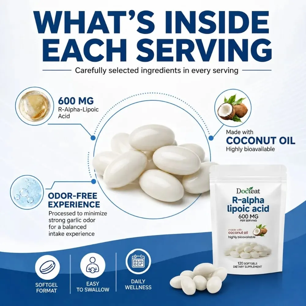 Μαλακές γέλη R-Alpha Lipoic Acid 600 mg ανά μερίδα 120 Αριθμός Φτιαγμένο με λάδι καρύδας Βολική καθημερινή διατροφική υποστήριξη ευεξίας
