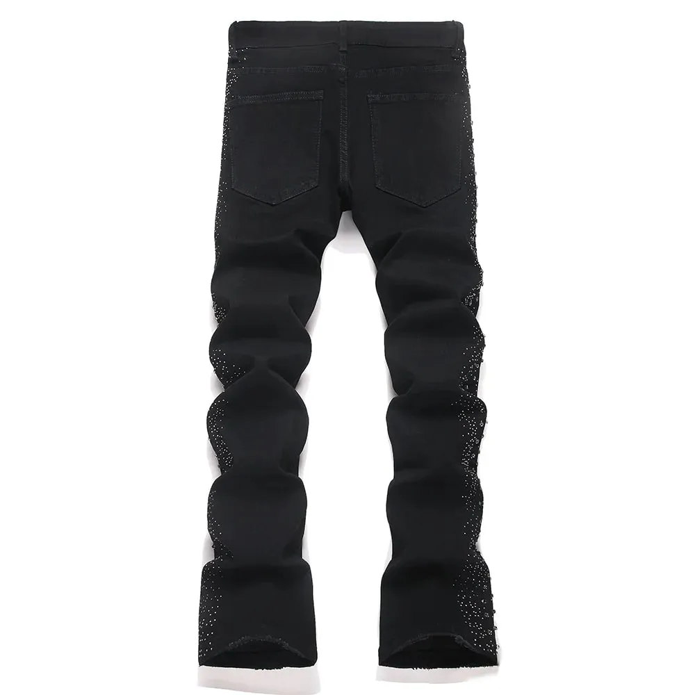Férfi kiszélesedő farmer farmer Punk kristályszegecs sztreccs fekete pamut spandex nadrág karcsú csizmával vágott nadrág — image 2