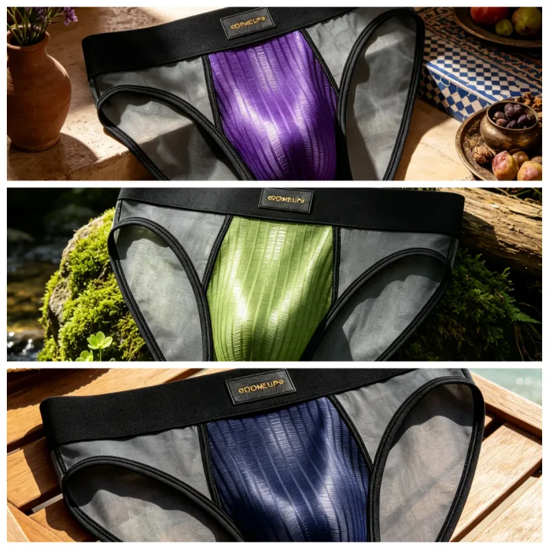 Mens Briefs Patchwork Sheer Mesh Vertical Stripe Gloss Pouch Low Waist Wide Elastic Waistband Breathable Male Underwear DP923 — image 22