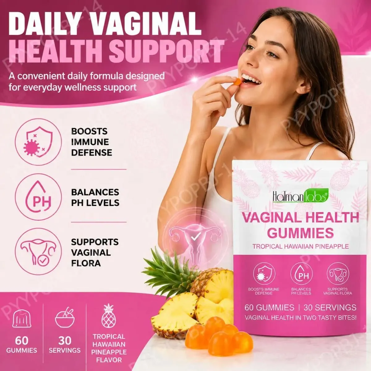 HolmanLabs Vaginális Egészségügyi gumicukor C-vitaminnal és probiotikumokkal támogatja a hüvelyflórát, segít kiegyensúlyozni a pH-szintet 60 gumicukor — image 1