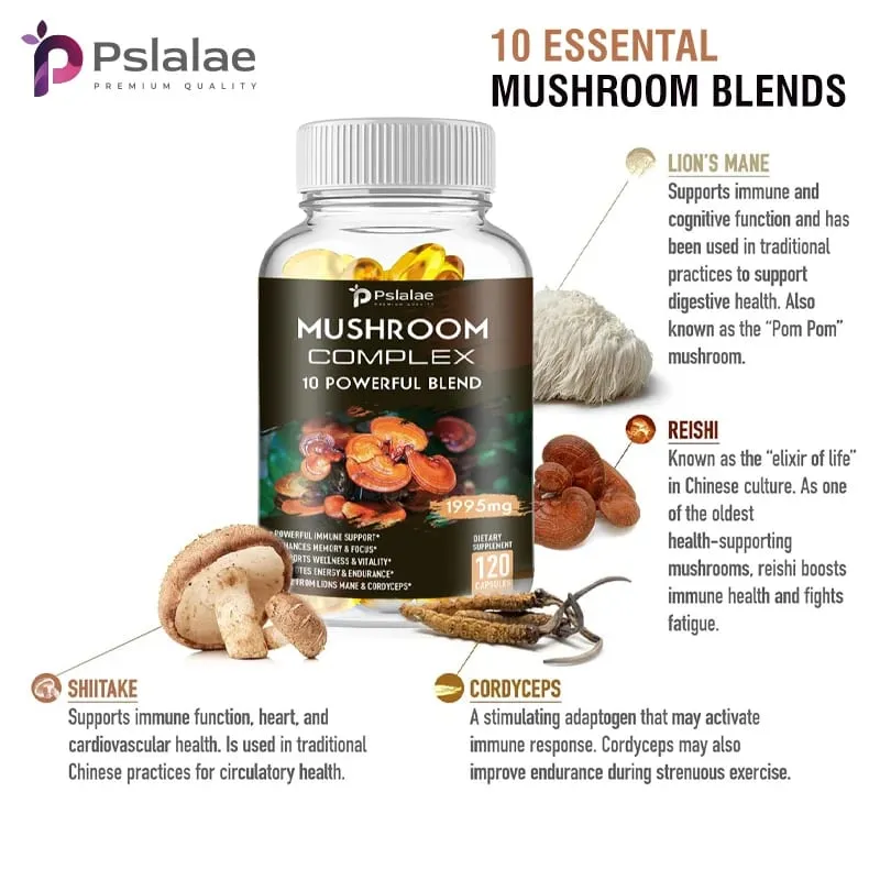 Κάψουλες με σύμπλεγμα μανιταριών - με Lions Mane Chaga Reishi Cordyceps - Υποστηρίζουν την εστίαση της μνήμης του ανοσοποιητικού συστήματος και ανακουφίζουν από το στρες