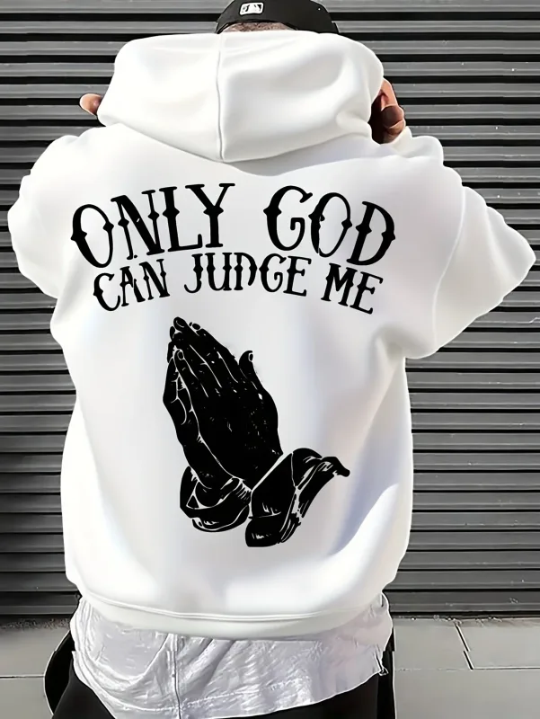 Luvtröja "Only God Can Judge Me" för män Streetwear med praying hands Grafisk inspirerande tröja för vardagskläder — image 4