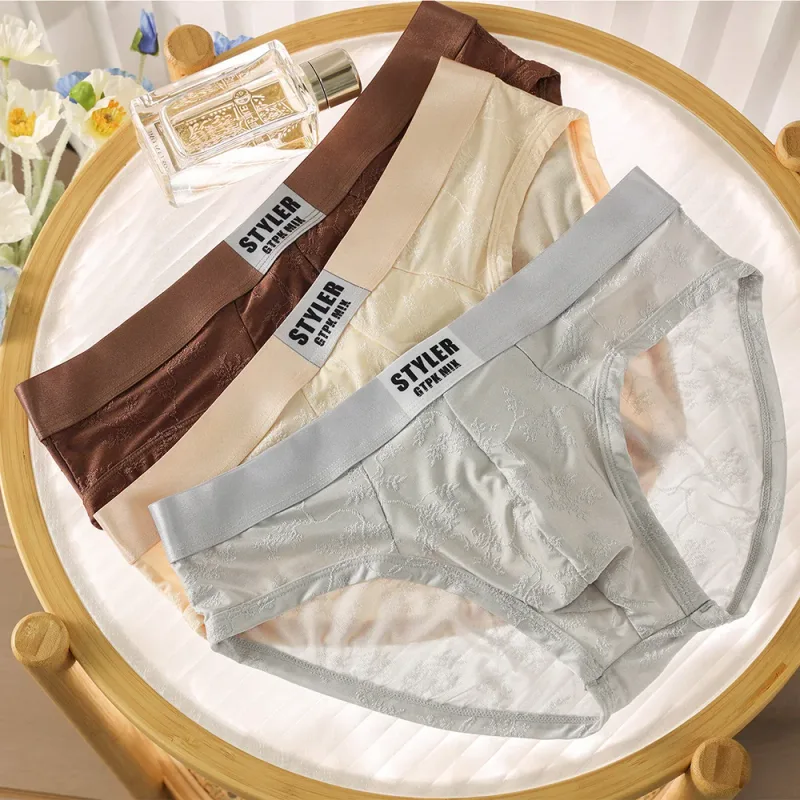 1/3PCS Sexy Perspective Men's Briefs Luxury Jacquard Smooth Ice Silk Mens Intimate Underwear Breathable 3D Mesh Pouch Lingerie — image 2