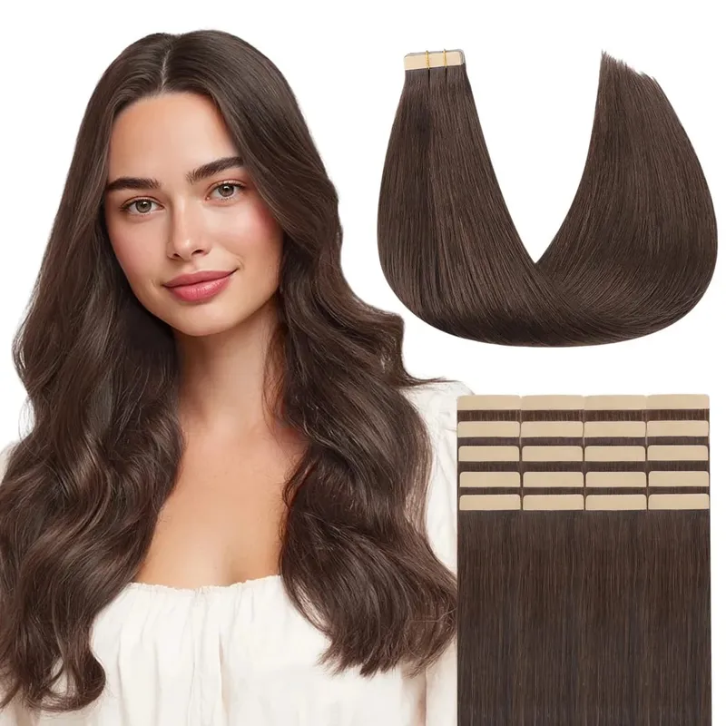 Sunmofavo Tape In Remy Human Hair Extensions Παχιά μεταξένια ίσια φυσική καφέ αόρατη ταινία 20 τμχ. — image 1