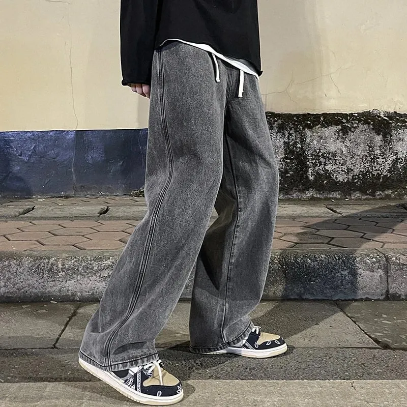 2026 Men's Jeans Korean Version Student Casual Pants High Street Straight Loose Wide Leg Jeans Black Grey Blue Baggy Jeans — image 3