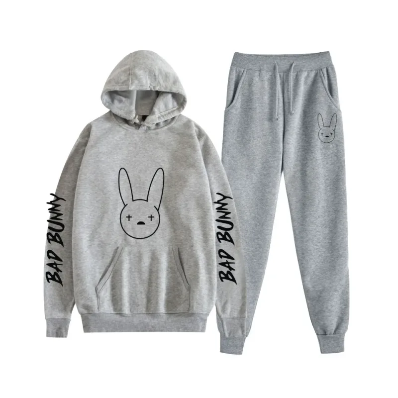 Harajuku confortável bad bunny impressão moletom moletom terno feminino hoodies + calças terno meninos/meninas 2 peça conjunto roupas — image 10