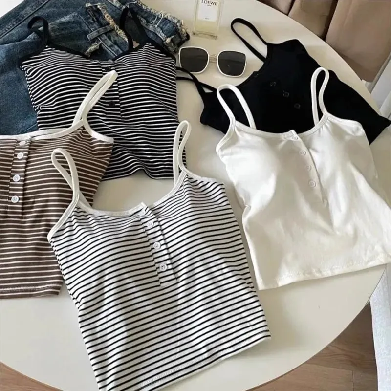 Integrated Stripe Women's Vest Inner Wear Outer Wear Button Fixed Cup No Bra Sports Top Short Style Cotton 100% Short Vest — image 3