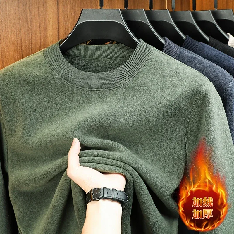 Moletom Com Capuz De Veludo Masculino Outono E Inverno Manga Comprida Pescoço Redondo Cor Sólida Moda Casual Versátil Top