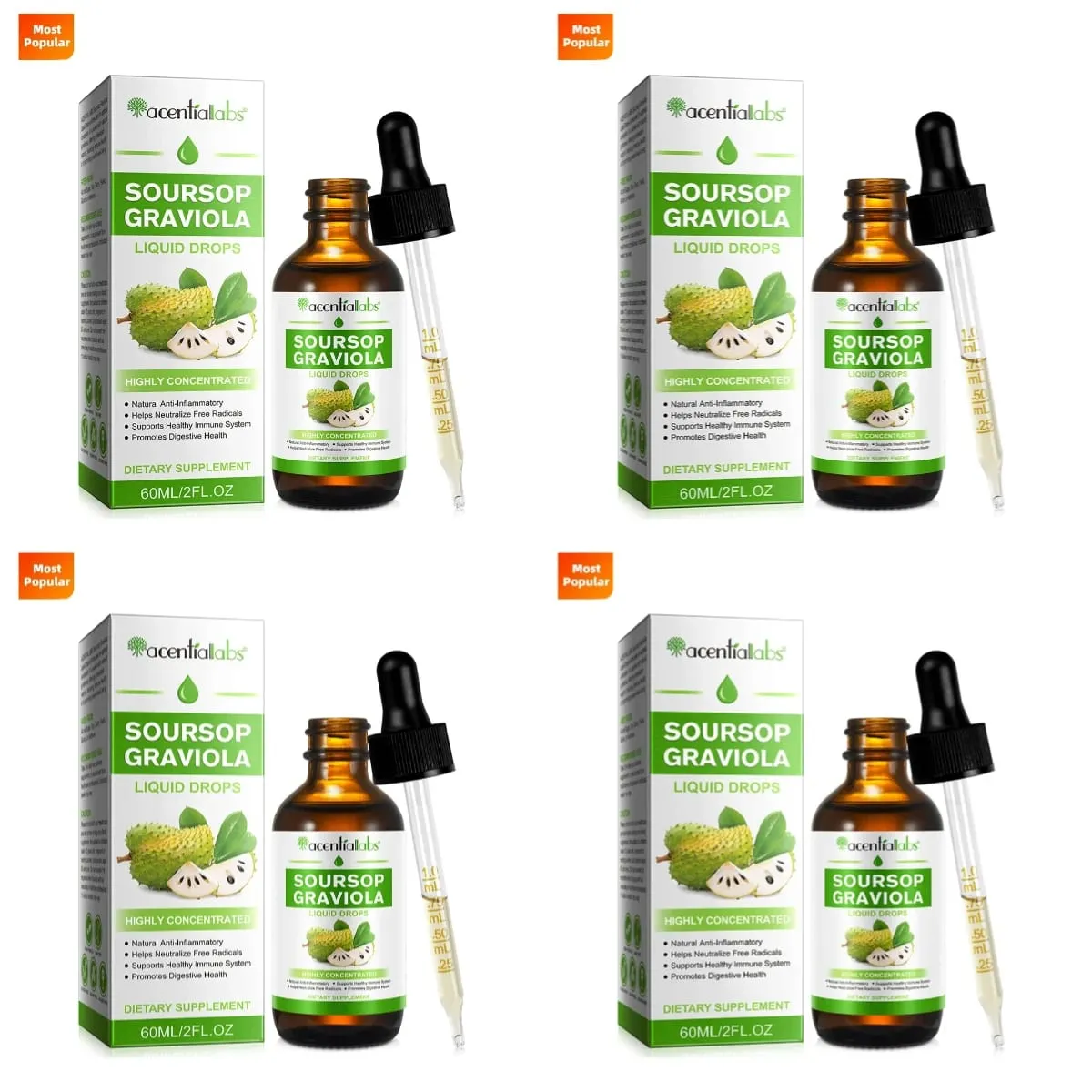 Acentiallabs Hot Sale 60ml Soursop Bitter Liquid Drops Συμπληρώματα Διατροφής 100% Pure Organic Soursop Graviola Extract for Adlut