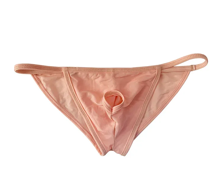 Cuecas sexy masculinas ultrafinas de seda gelo cuecas dupla divisão biquíni com buracos personalizado u-convexo design calcinha — image 3