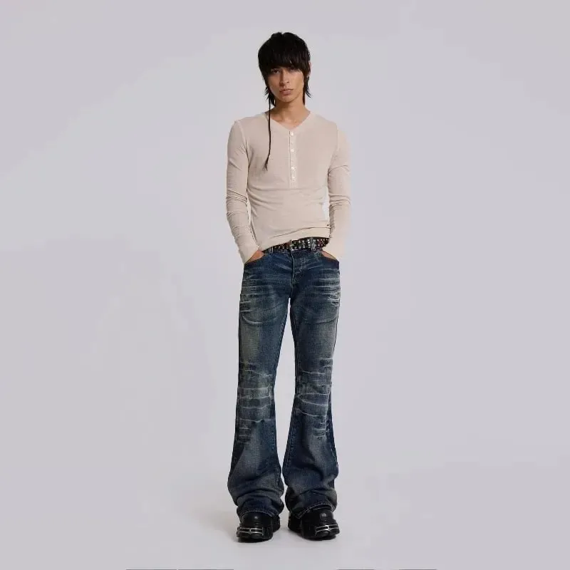 Y2K Mid Blue Flared Jeans Washed Men Women Bootcut Jeans Gothic High Street Unisex Streetwear Φαρδύ παντελόνι με φαρδύ πόδι