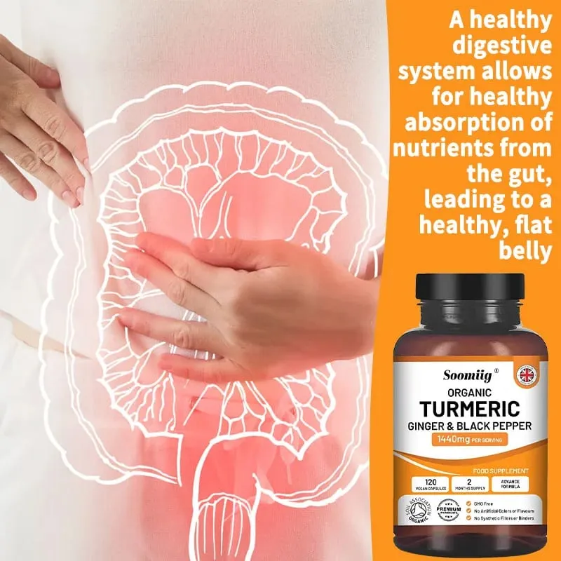 Organic Turmeric Ginger & Black Pepper Capsules Supports Joint Health Cushioning Digestive & Immune & Balances blood sugar