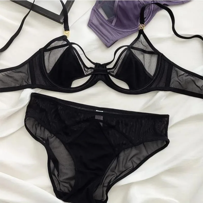 Set Sutiã E Calcinha Rendado Sem Espuma Aro Flexível Push Up Transparente Estilo Dark Academia Sensual E Elegante — image 1