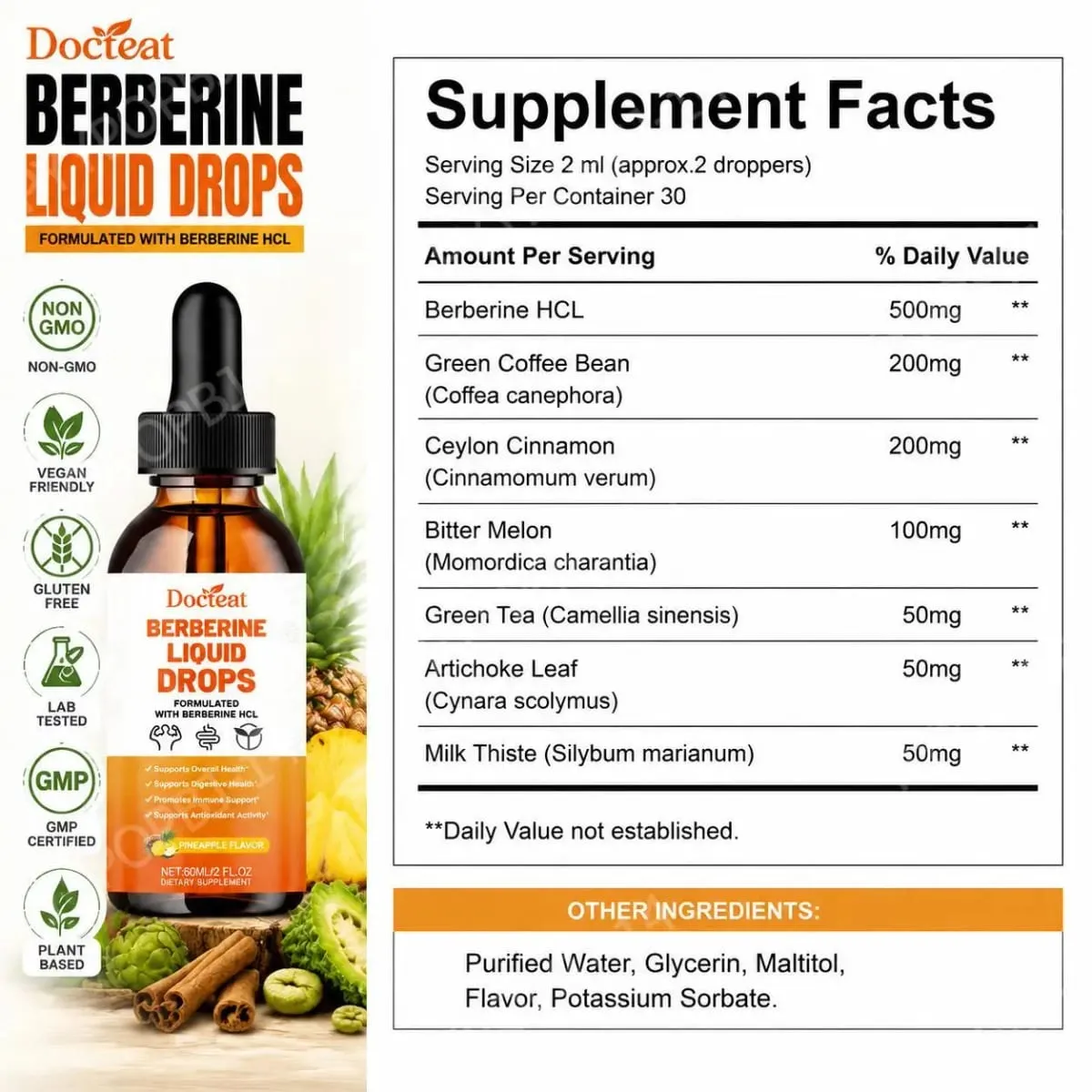 Docteat Berberine HCl Folyékony cseppek Támogatják az emésztés egészségét ceyloni fahéjjal és zöld kávébab ananász ízesítéssel 60 ml — image 2