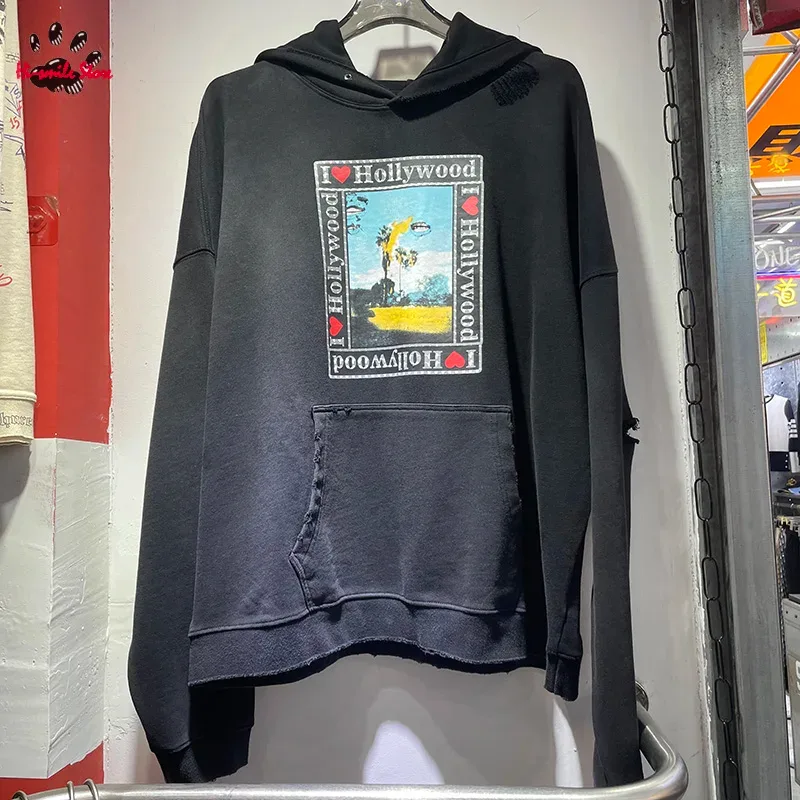 Hoodies PALY Bersaiz Besar Baru Lelaki Wanita Dicuci Hitam Rosak Kualiti Terbaik Kasual Vintage Cardigan Zip Sweatshirt