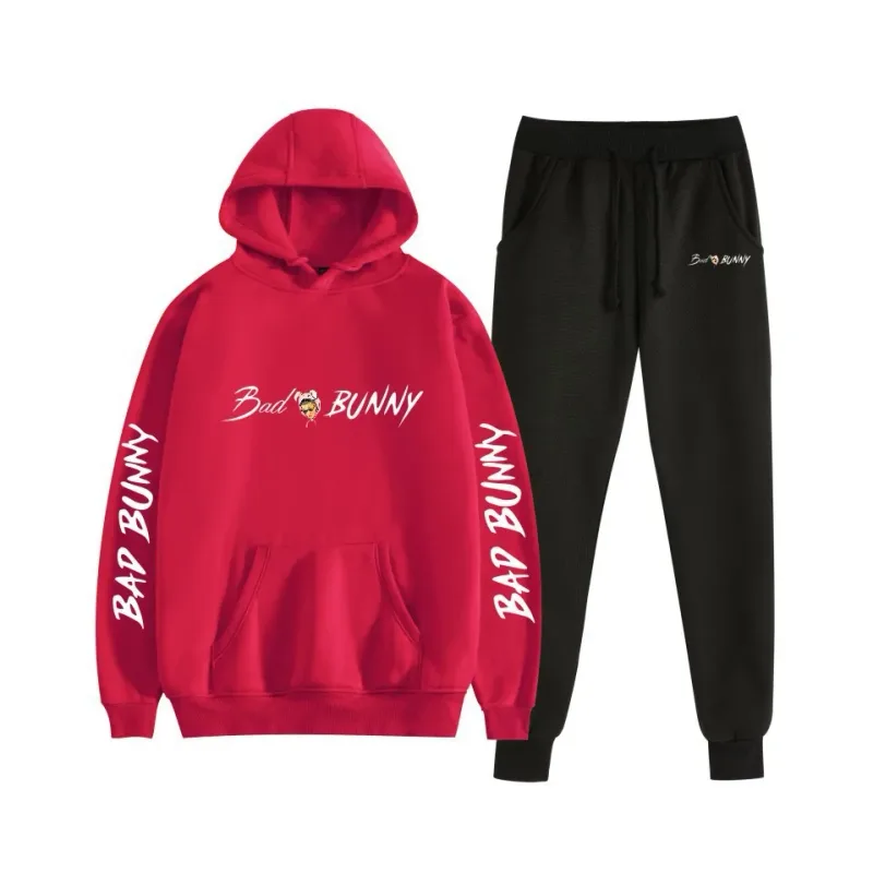 Harajuku confortável bad bunny impressão moletom moletom terno feminino hoodies + calças terno meninos/meninas 2 peça conjunto roupas — image 58