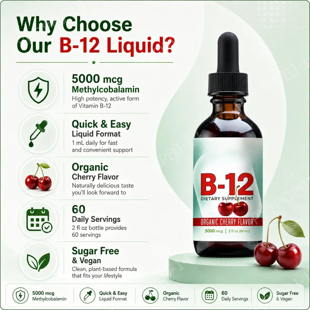 Vitamin B12 Methylcobalamin Liquid Drops 5000 Mcg Cherry Flavor 2 Fl Oz 60 Servings Vegan Sugar Free Daily Supplement