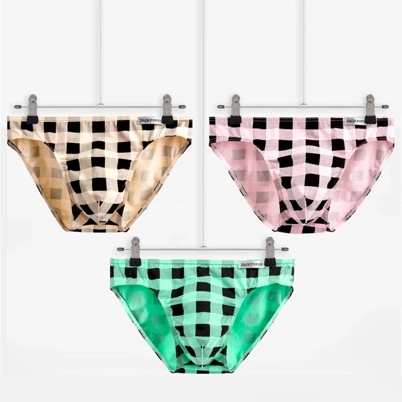 Mode Rutigt Underkläder Bomull Mjuk Elastisk Herrtrosa Andas Bekväma Ungdomkalsonger Herr Sexiga U Bulge Pouch Trosor
