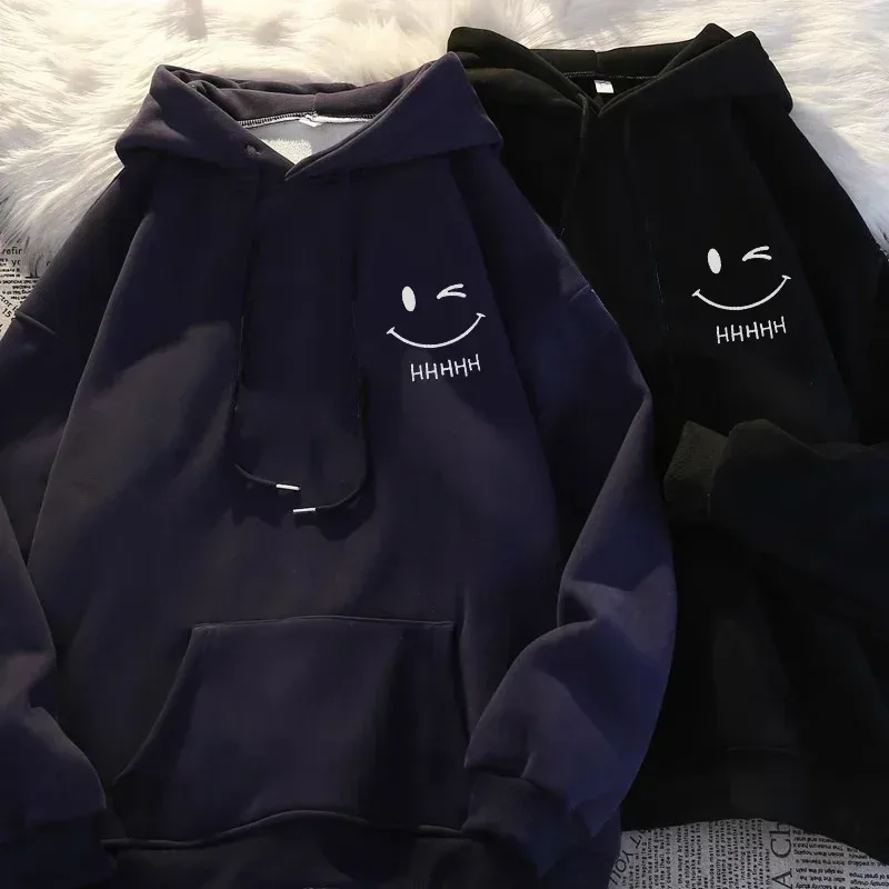 Rosto sorridente masculino engraçado moda casal camisola com capuz americano peso pesado solto engrossado cashmere meninos moletom com capuz topo