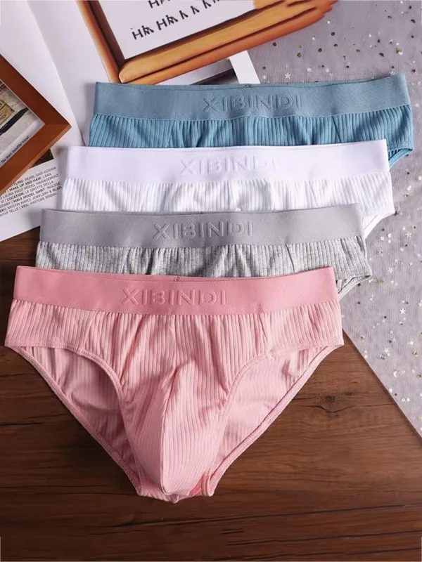 4-Piece Men's Cotton Ribbed Briefs Set - "XIBINDI" Embossed Waistband Underwear (Blue/White/Gray/Pink)