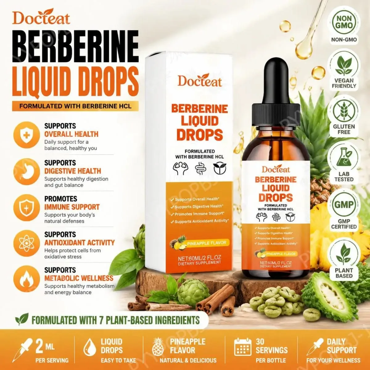 Docteat Berberine HCl Folyékony cseppek Támogatják az emésztés egészségét ceyloni fahéjjal és zöld kávébab ananász ízesítéssel 60 ml — image 1