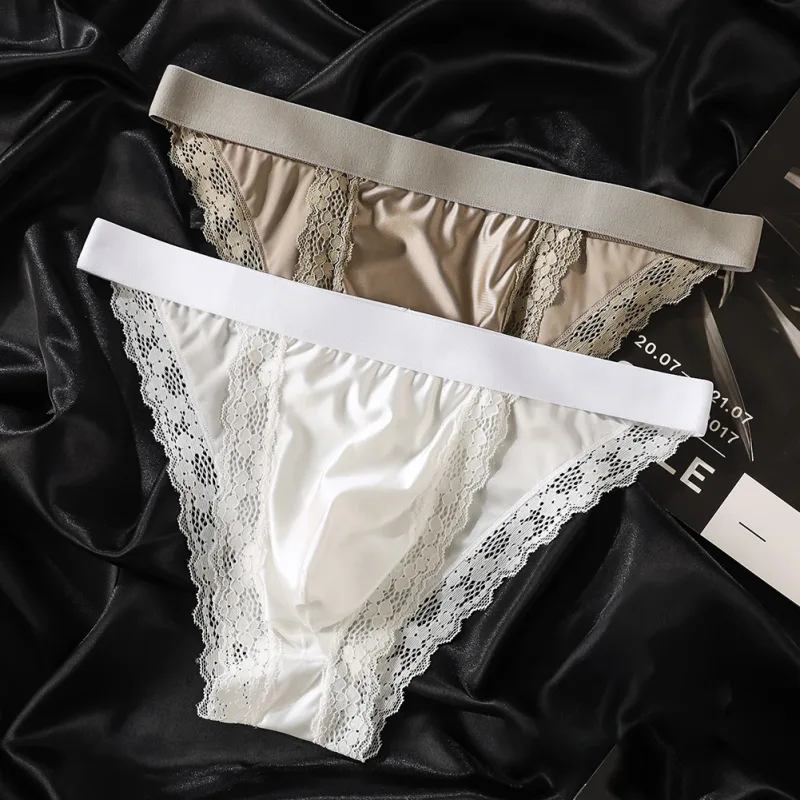 Satin-like Comfortable Men Panties Lace Trim Briefs Sexy High Fork Bikinis Underwear Breathable Low Waist Pouch — image 9