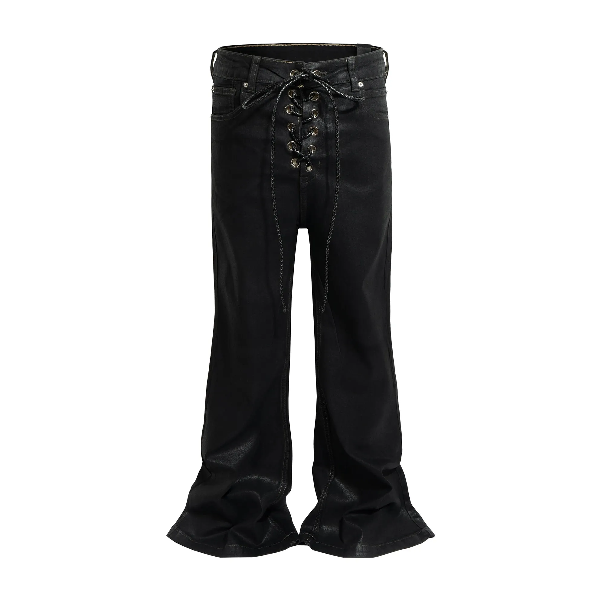 ציפוי בטיק וינטג' שחור Slim Fit Flare ג'ינס גמישות סרט מתיחה Y2k Streetwear קז'ואל סקיני בל תחתון ג'ינס