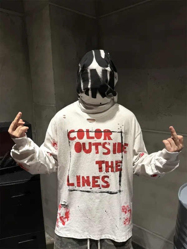 26SS SAINT OF MICHAEL Street Dirty Graffiti Print High-Street Vintage Full Cotton Quality Long Sleeve Sweatshirt T-Shirt