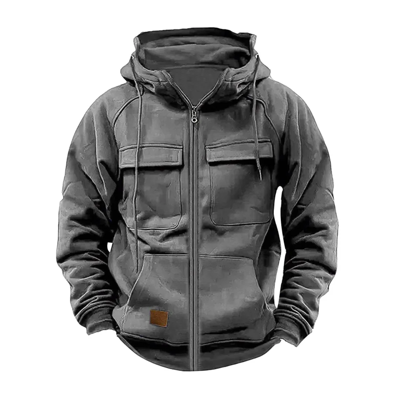 New Autumn Winter Men's Hooded Solid Hoodies Jackets Multi Pockets Male Zipper Sweatshirts Sports Outdoor Casual Hoodie Coat — image 6