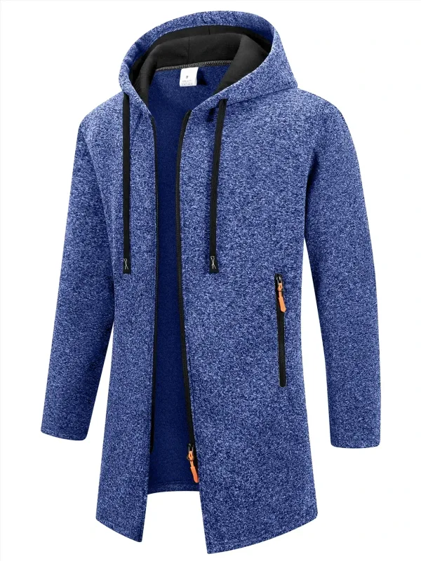 2Pcs Set Men Mid-Length Full Zip Hooded Jacket Fleece Lined Warm Coat with Drawstring Hood & Zipper Pockets Casual Outerwear for Fall Winter Daily Wear — image 2