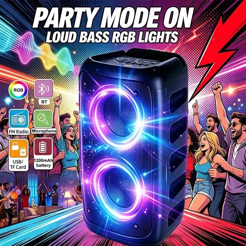 9900 Hz-es professzionális nagyméretű Bluetooth hangszóró mikrofonnal, hordozható kivitelben, mélynyomó Party Box LED-világítással, amely kompatibilis a BT/USB/TF/AUX/FM/TWS/MIC/EQ professzionális karaoke funkciókkal. Ideális ajándék születésnapra karácsonyra és újévre