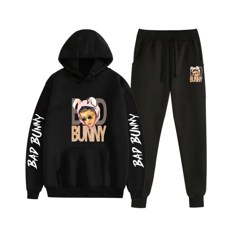 Harajuku confortável bad bunny impressão moletom moletom terno feminino hoodies + calças terno meninos/meninas 2 peça conjunto roupas — image 26