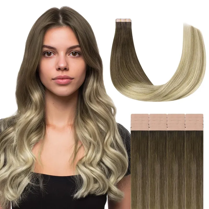 Sunmofavo Tape In Remy Human Hair Extensions Παχιά μεταξένια ίσια φυσική καφέ αόρατη ταινία 20 τμχ. — image 18