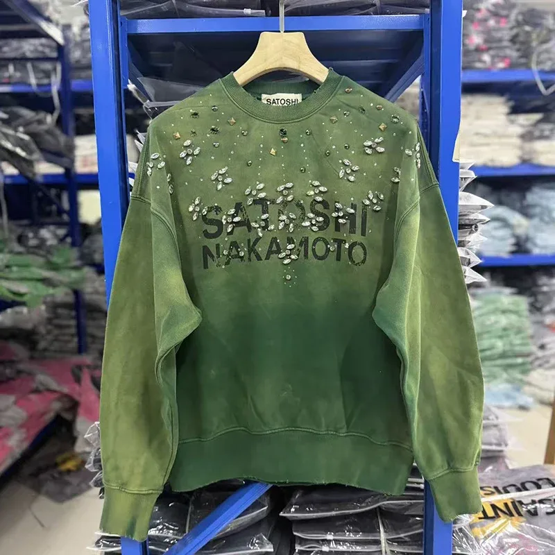 Letters Logo Rhinestone Rivet Satoshi Nakamoto Sweatshirts Men Women Streetwear Vintage Washed Charcoal Gray Green Pullovers Tag