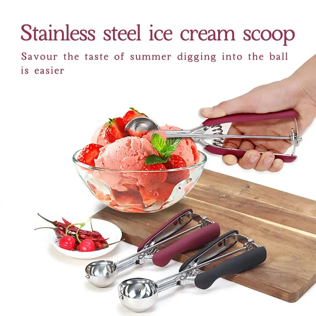 Ice Cream Scoop Stainless Steel Cookie Dough Spoon Fruit Potato Watermelon Digging Ball Spring Handle Scoop Kitchen Accessories — image 3