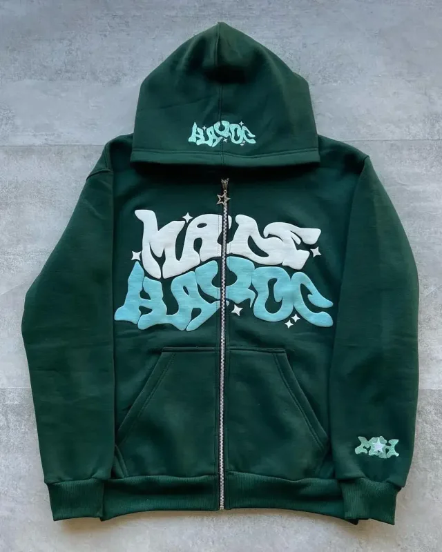 Moletom masculino retrô americano com zíper estampado com capuz unissex outono e inverno cardigan aberto — image 11