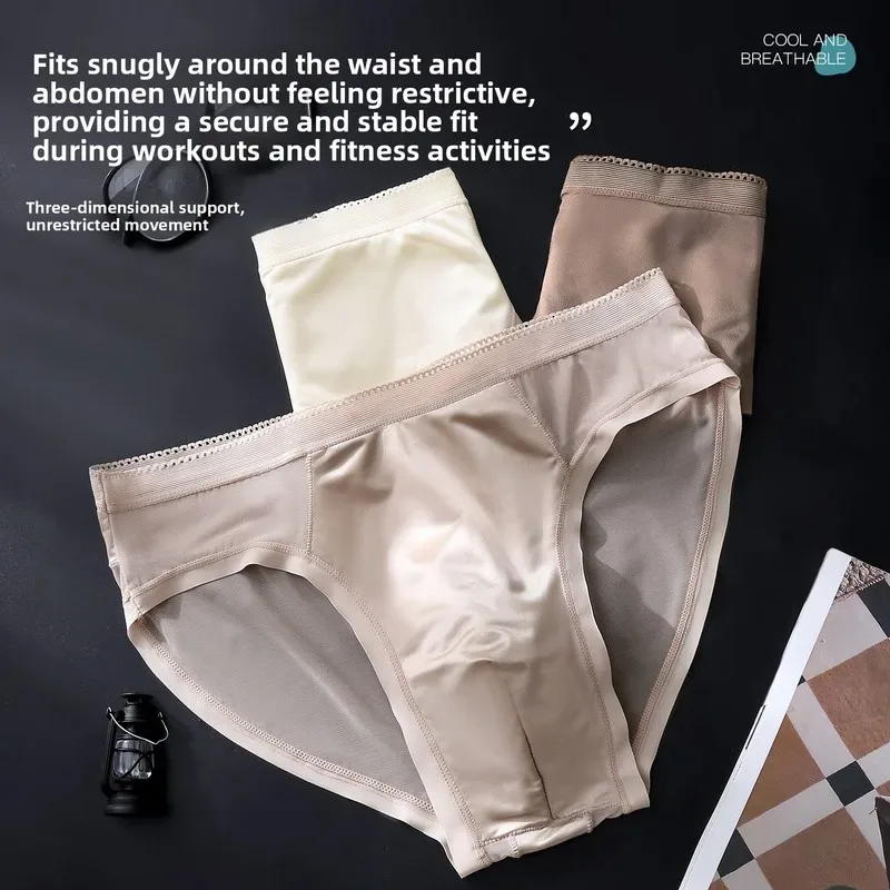 Male Glossy Silk Satin Briefs High Rise Lace Trim Ice Silk Underwear Soft Breathable U Pouch Men Panties — image 16