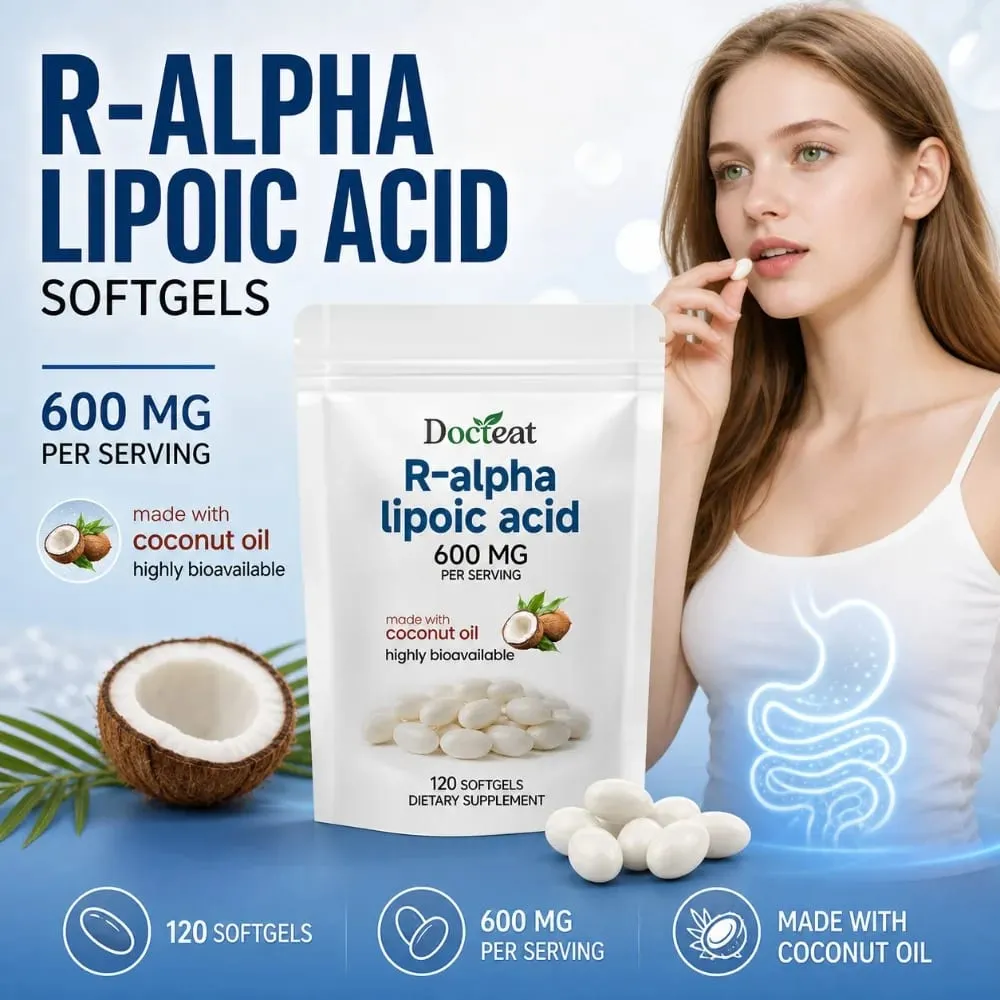 Μαλακές γέλη R-Alpha Lipoic Acid 600 mg ανά μερίδα 120 Αριθμός Φτιαγμένο με λάδι καρύδας Βολική καθημερινή διατροφική υποστήριξη ευεξίας