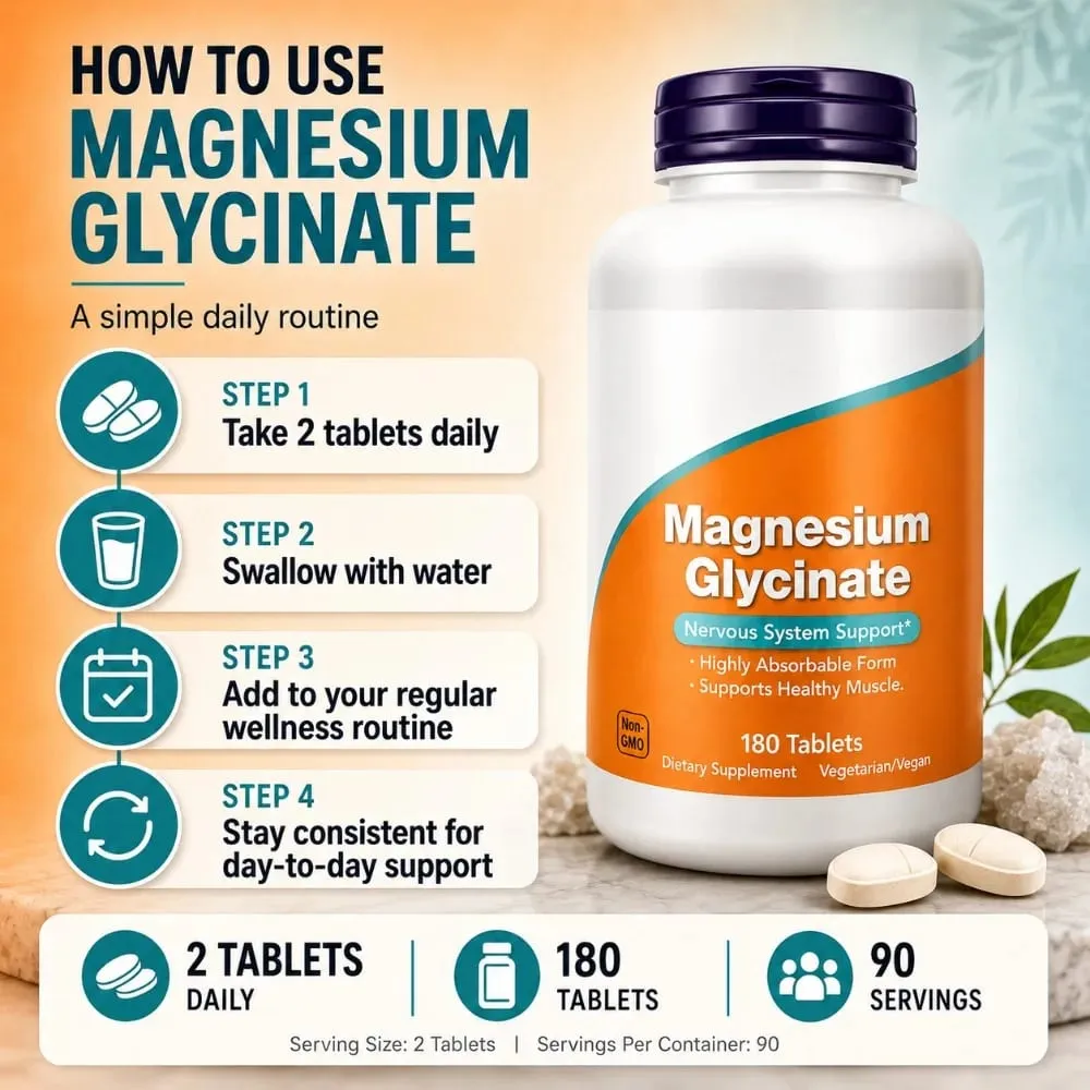 Magnézium-glicinát tabletta 200 mg nagy felszívódású vegán, nem GMO formula az idegrendszer izomrelaxációjához 180 Count — image 5