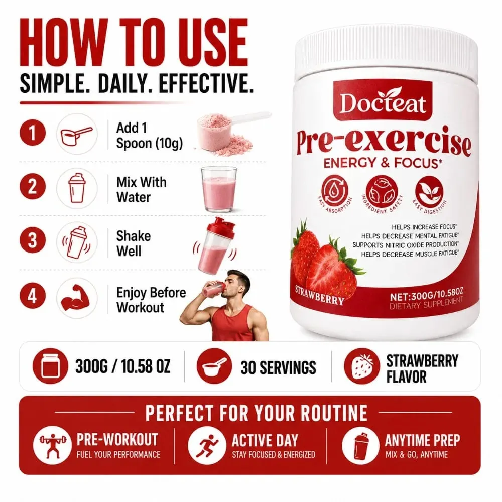 Docteat Pre Workout Powder Strawberry Energy & Focus Support Beta-Alanine L-Citrulline Rhodiola 300g 30 Servings Drink Mix — image 6