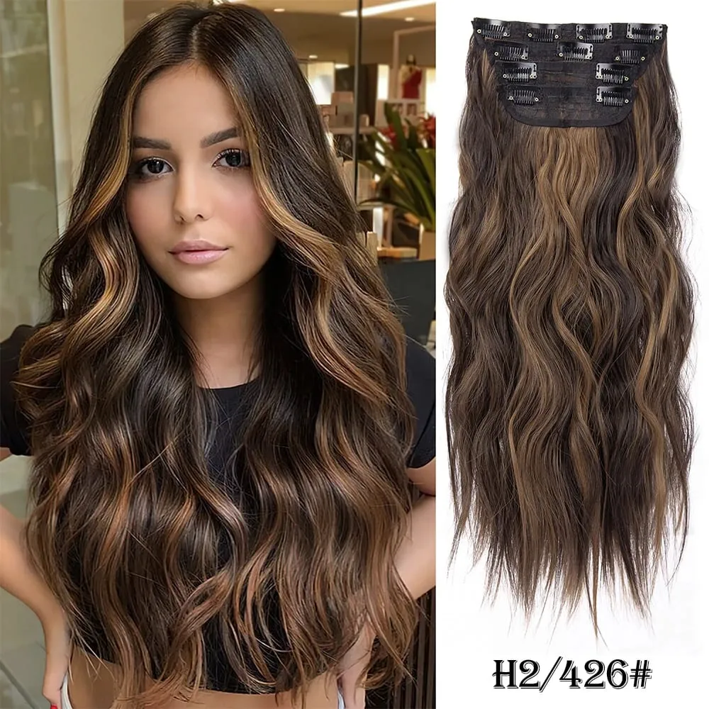Leeons Wavy Clip In Hair Extensions 4 τμχ Φυσικά μαλακά μακριά κυματιστά Hairpieces Χοντρό διπλό κλιπ υφαδιού σε επεκτάσεις μαλλιών για γυναίκες — image 18