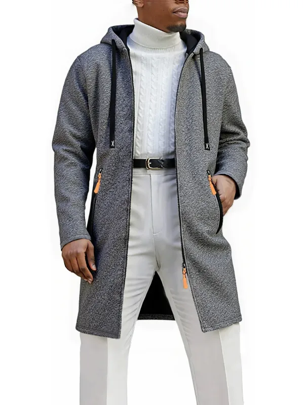 2Pcs Set Men Mid-Length Full Zip Hooded Jacket Fleece Lined Warm Coat with Drawstring Hood & Zipper Pockets Casual Outerwear for Fall Winter Daily Wear — image 12