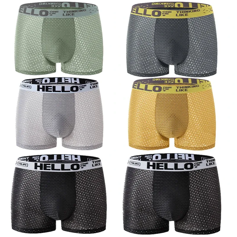 6 Stück Mesh-Boxshorts aus Eisseide für Herrenunterwäsche, atmungsaktiv, sexy, schmale Passform und nahtlose, flache Ecken, große Größe — image 8