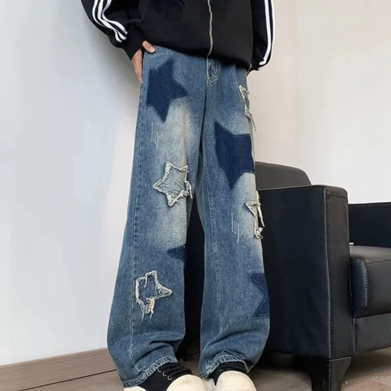 Farmer Férfi Egyenes csillag hímzés Patchwork őszi farmer Uomo széles lábú Hip-hop divat Ifjúsági semleges utcai viselet farmer nadrág — image 3